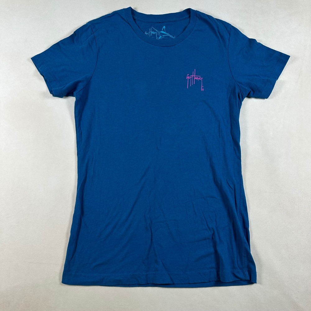 Guy Harvey T-Shirt Women Medium Blue Marlin Tropical Floral Short Sleeve Tee